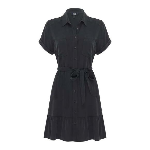 Paige Callan Black Button Front Short Sleeve Belted Pleated Hem Mini Dress Small - Picture 1 of 10